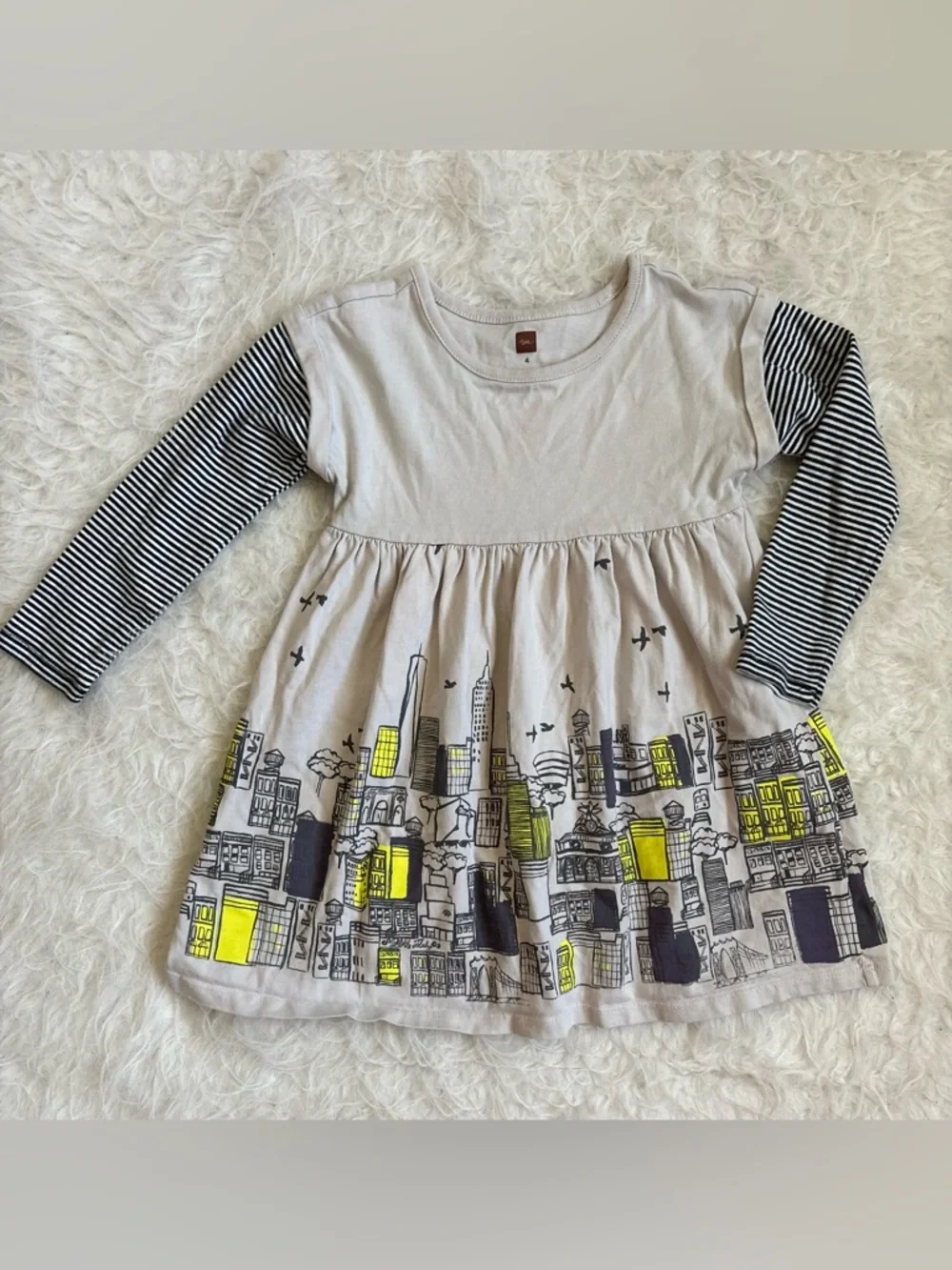 Tea Collection Girls' Neutral Cityscape Dress with Striped Sleeves